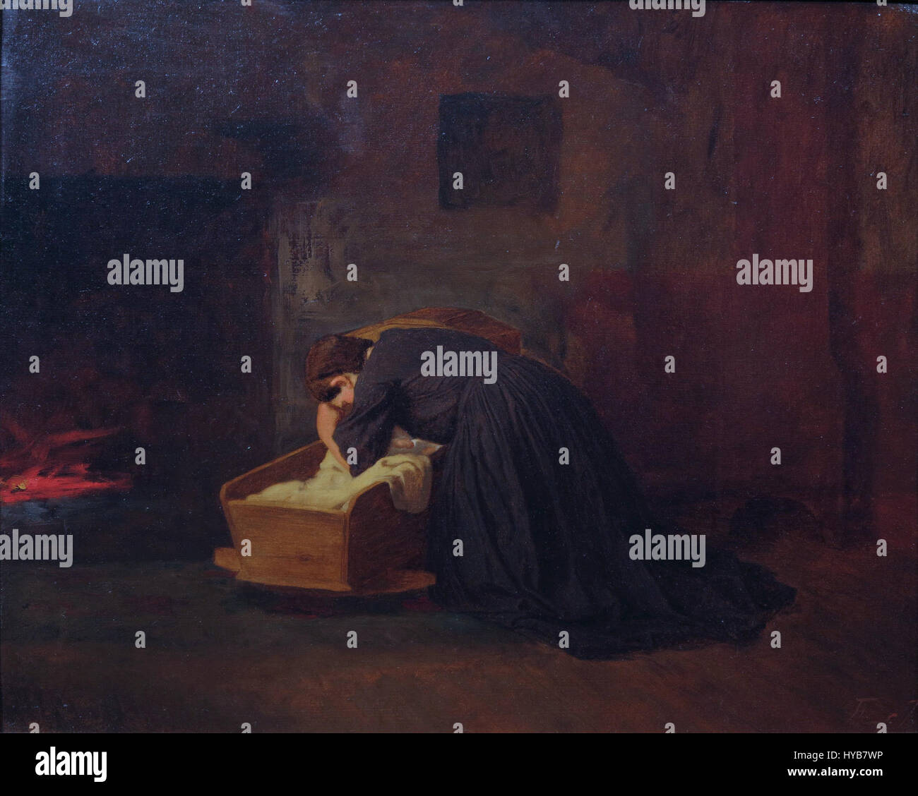 "The Cradle Song" di Eastman Johnson è un dipinto di genere che mostra una madre che canta a suo figlio in una culla. Il lavoro di Johnson sottolinea il calore emotivo e la tenerezza tra madre e bambino, riflettendo la sua maestria nel ritrarre la vita domestica nell'America del XIX secolo. Foto Stock