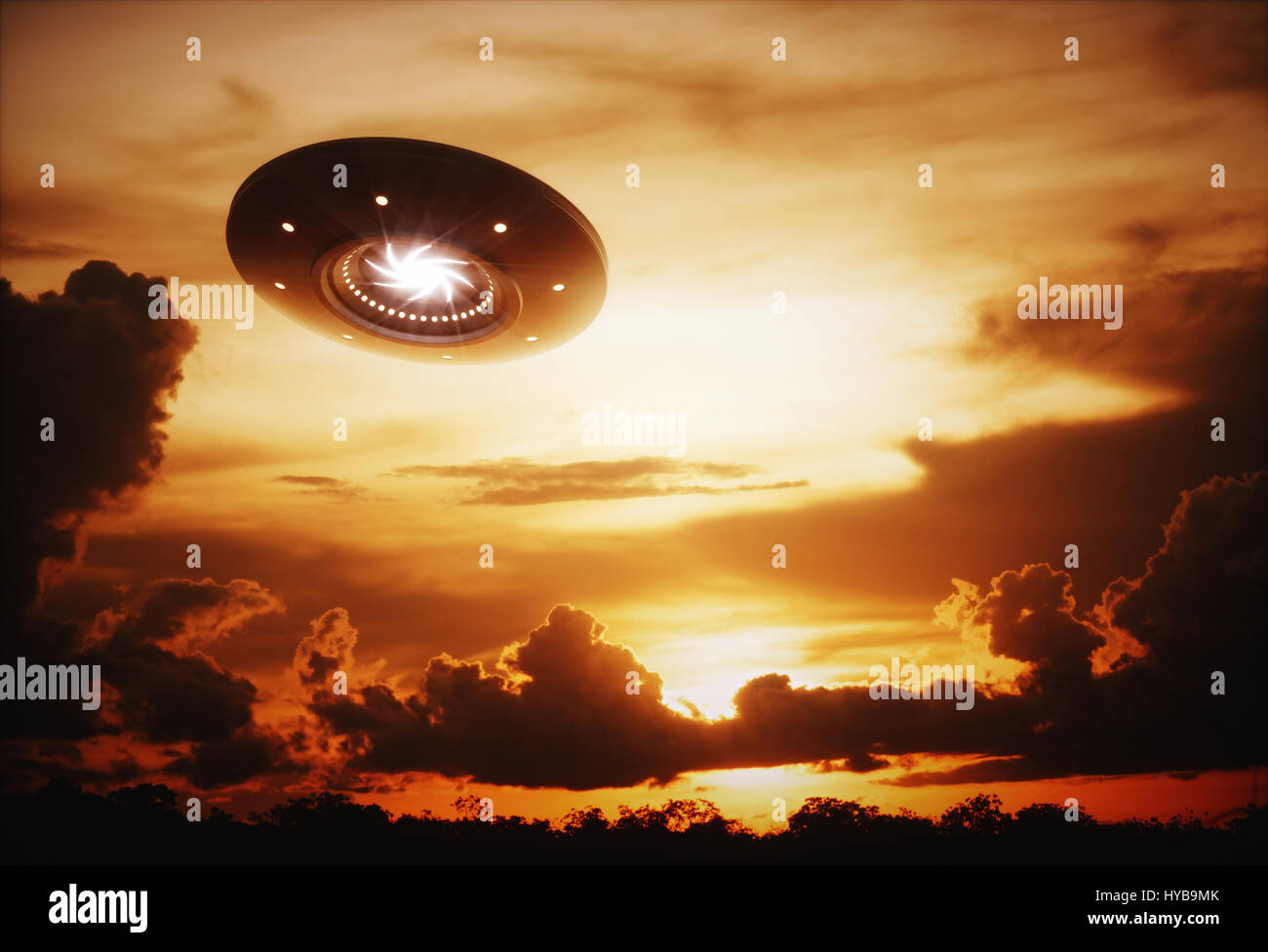 3D illustrazione con la fotografia. Astronave aliena sotto il tramonto. Foto Stock