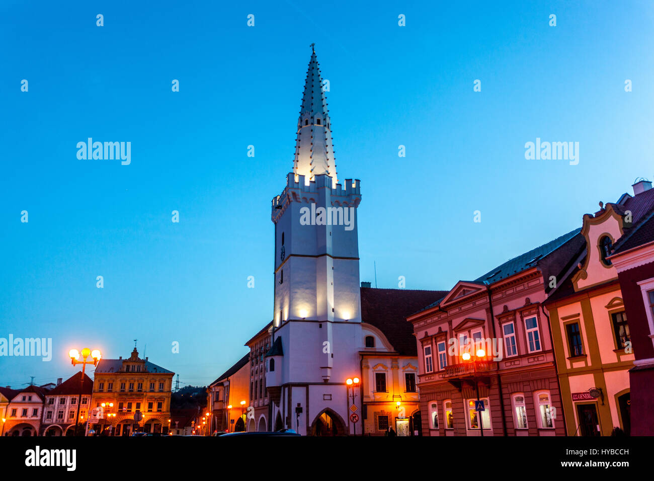 Kadan Gothic City Hall Tower, Kadan Main Square, Boemia settentrionale, Repubblica Ceca, Europa Foto Stock