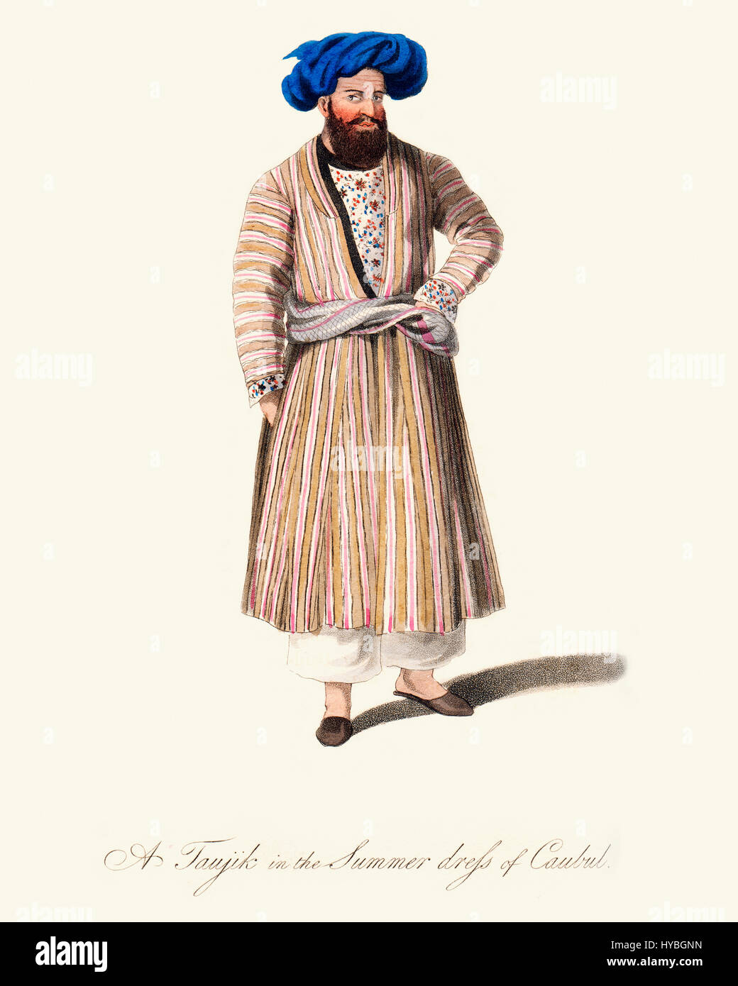 Vintage incisione a colori da 1819 mostra un uomo tagiko in abiti estivi di Kabul, Afghanistan. Foto Stock