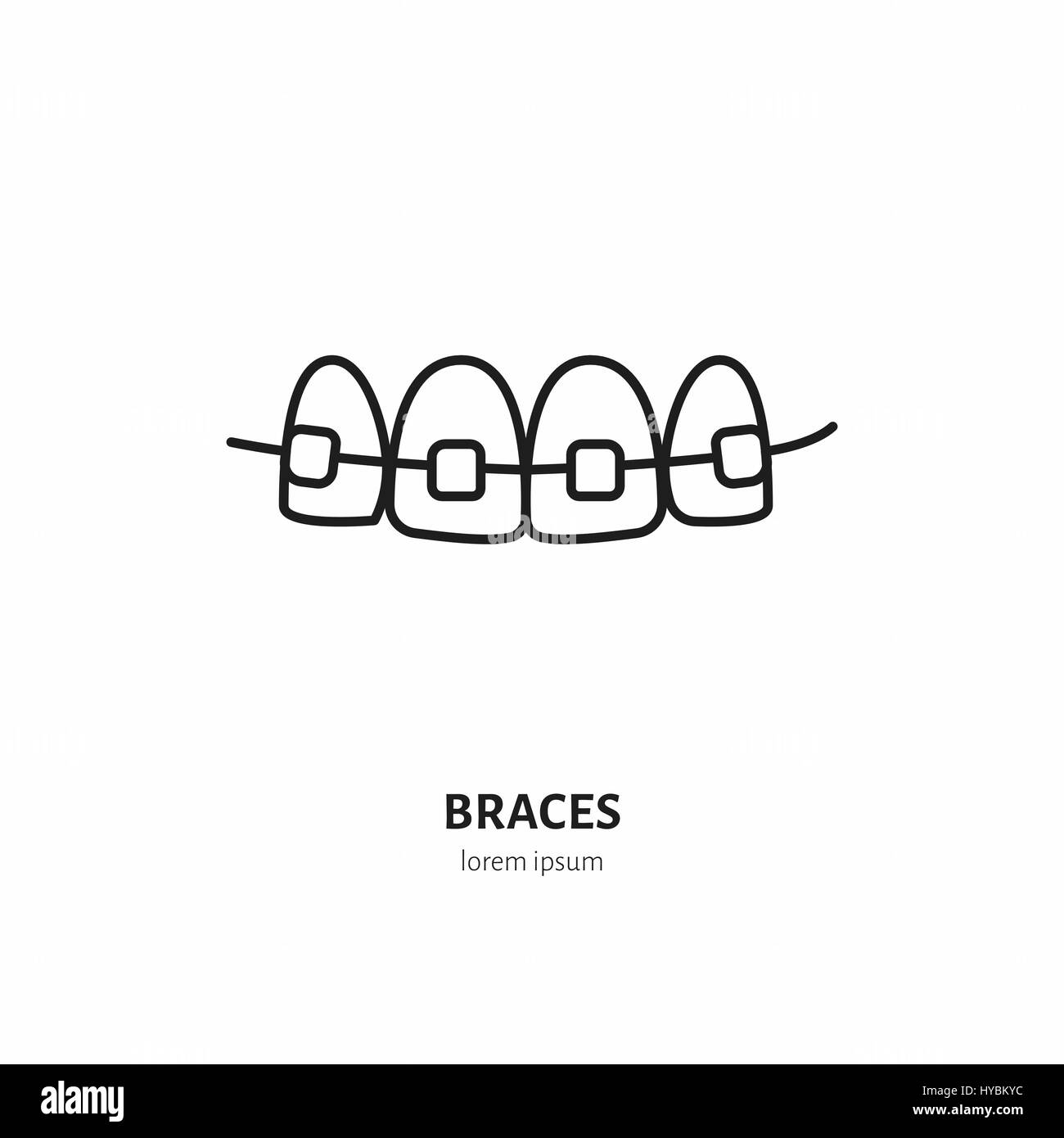 Il dentista ortodonzia icona linea di bretelle, l'allineamento dei denti. La cura dentale segno di apparecchiature mediche, elementi. Health care sottile simbolo lineare per l'odontoiatria Illustrazione Vettoriale