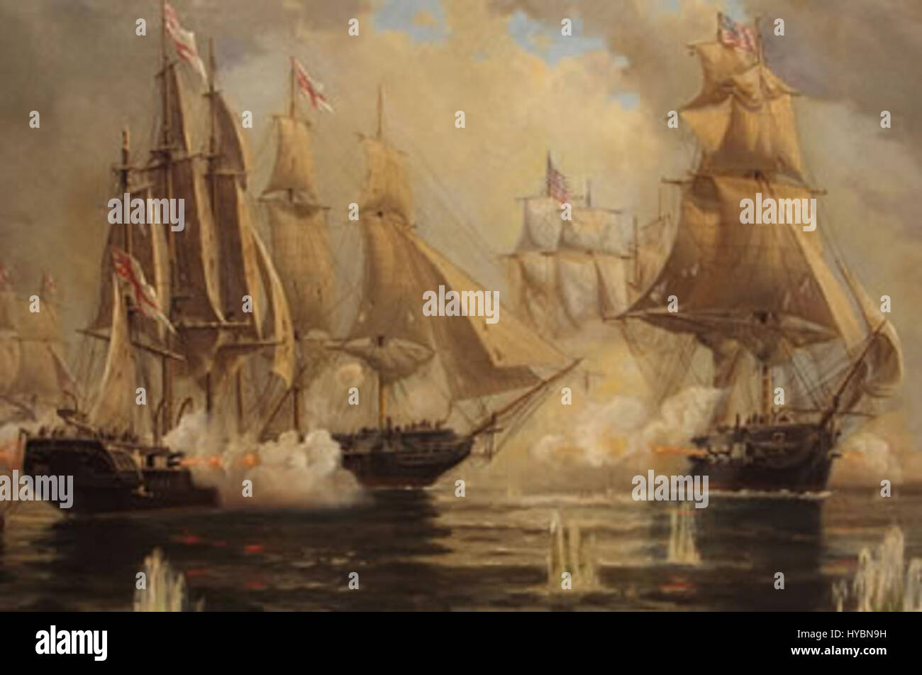 La "battaglia del lago Erie" di Muller raffigura la decisiva battaglia navale della guerra del 1812 tra Stati Uniti e Gran Bretagna. La scena cattura l'intensità della battaglia, mostrando le navi navali in azione. Foto Stock