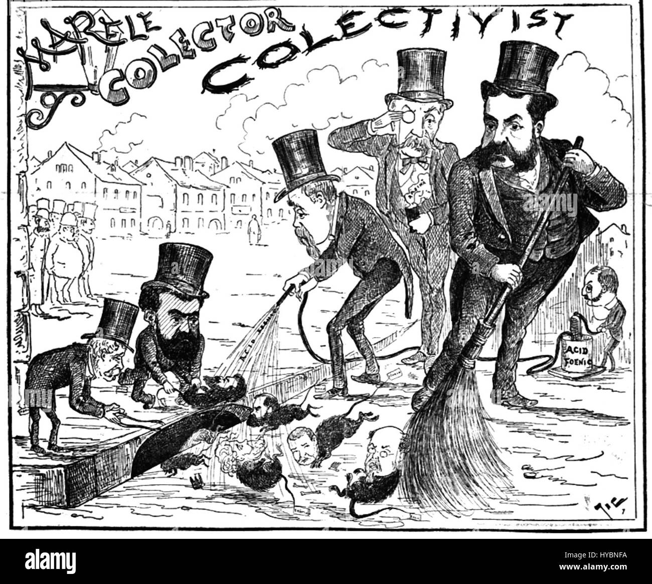 La caricatura di Constantin Jiquidi, "Il grande collettivista del fosso", che presenta la nuova amministrazione conservatrice in Romania nel 1888-1889, utilizzando il fenolo per pulire le strade di Bucarest, con figure tra cui Lascăr Catargiu, Nicolae Fleva, Petre P. Carp, Gheorghe Gr. Cantacuzino e Victor Babeș, e "ratti" che rappresentano Ion Brătianu e Mihail Kogălniceanu. Foto Stock