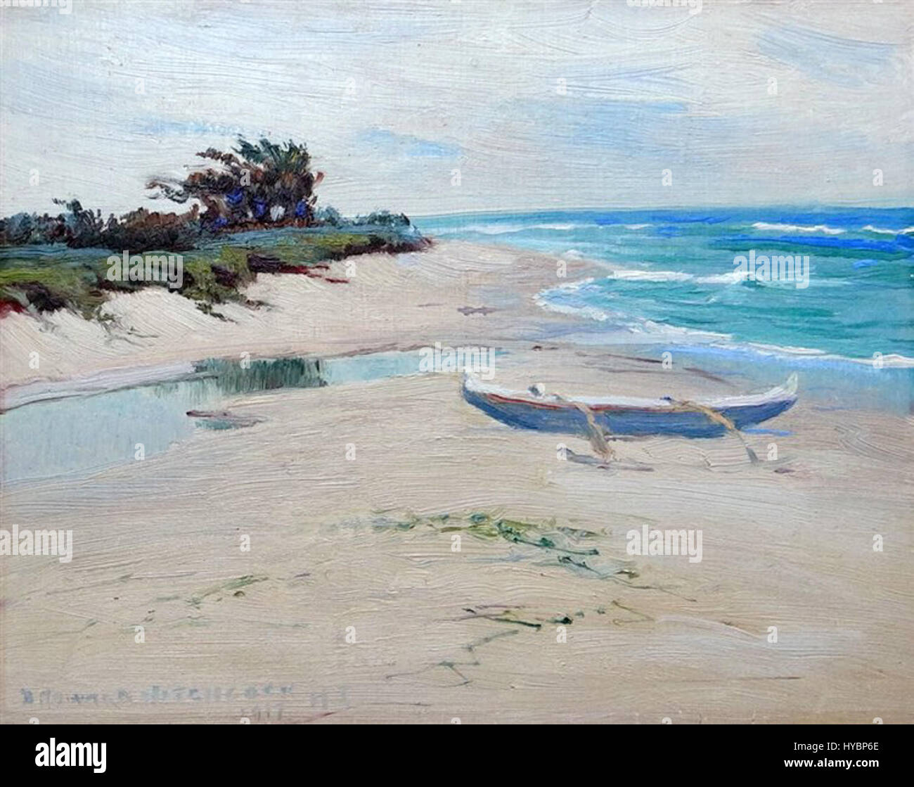 La 'Kahuku Beach, Oahu' di David Howard Hitchcock cattura la serena bellezza di una costa hawaiana. Le opere d'arte mettono in risalto il paesaggio tropicale con colori vivaci e calmi paesaggi marini, riflettendo l'esperienza dell'artista alle Hawaii. Foto Stock