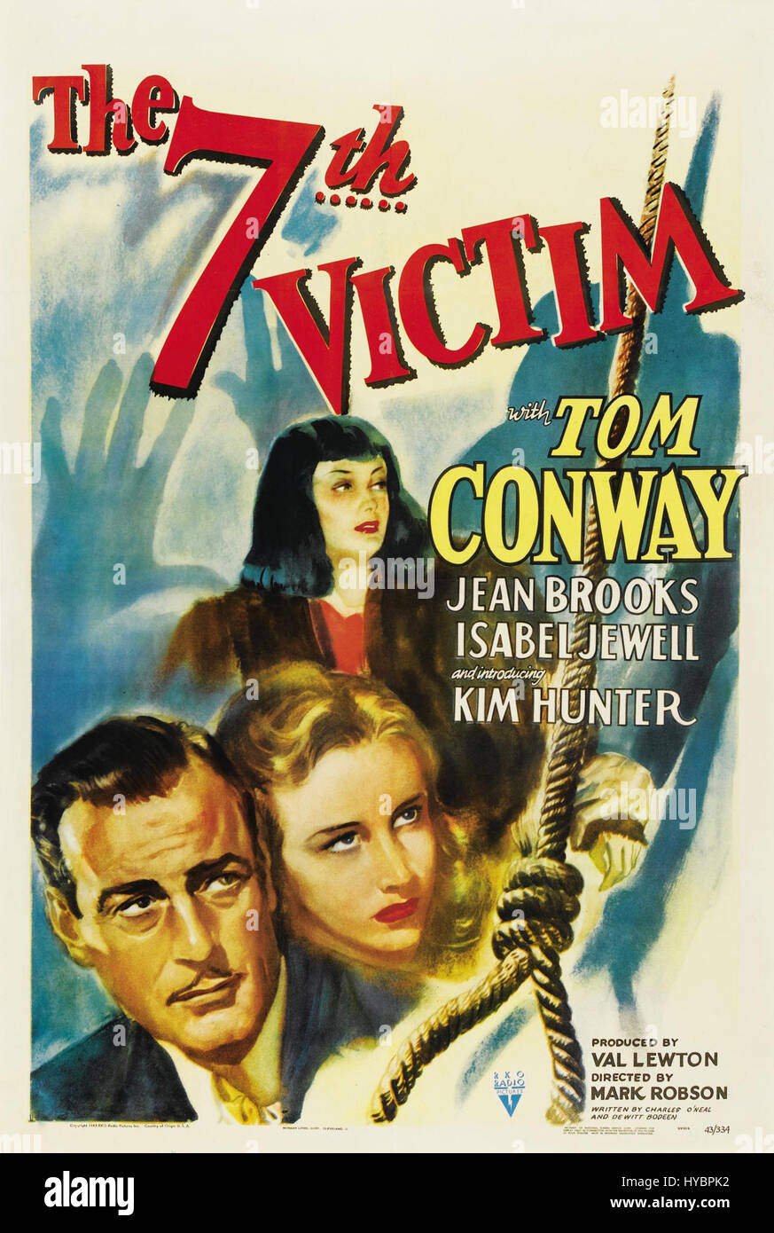 Il poster da un foglio di "The Seventh Victim" mostra la natura drammatica e sospettosa del film horror-thriller del 1943. L'opera enfatizza la tensione e il mistero centrali della trama, con un design oscuro e suggestivo che evoca paura e intrighi. Foto Stock