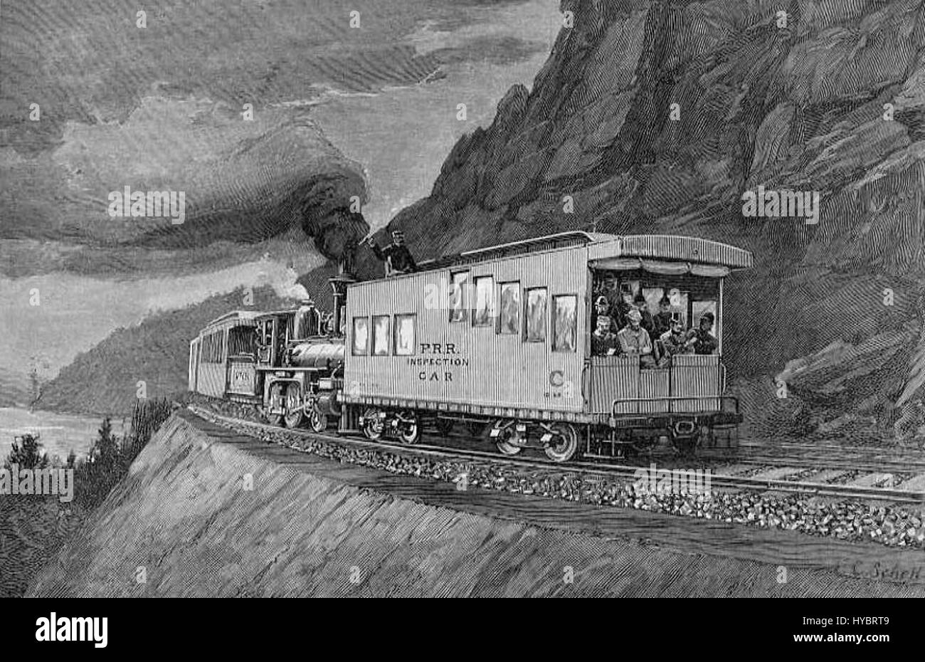 *Un'auto di ispezione EN Route* raffigura una scena che coinvolge un'auto di ispezione del treno, possibilmente per lo sviluppo ferroviario o i controlli di sicurezza. L'immagine evidenzia la crescita industriale e i progressi nel settore dei trasporti all'inizio del XX secolo. Foto Stock