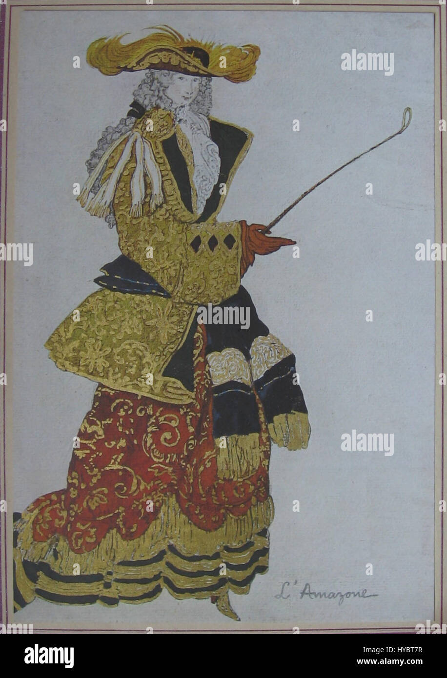 "L'Amazone" di Bakst è un costume da balletto che presenta una feroce guerriera amazzonica. Il design mostra l'uso esclusivo di colori audaci e motivi intricati di Bakst, creando una potente rappresentazione visiva della mitica figura amazzonica. Foto Stock