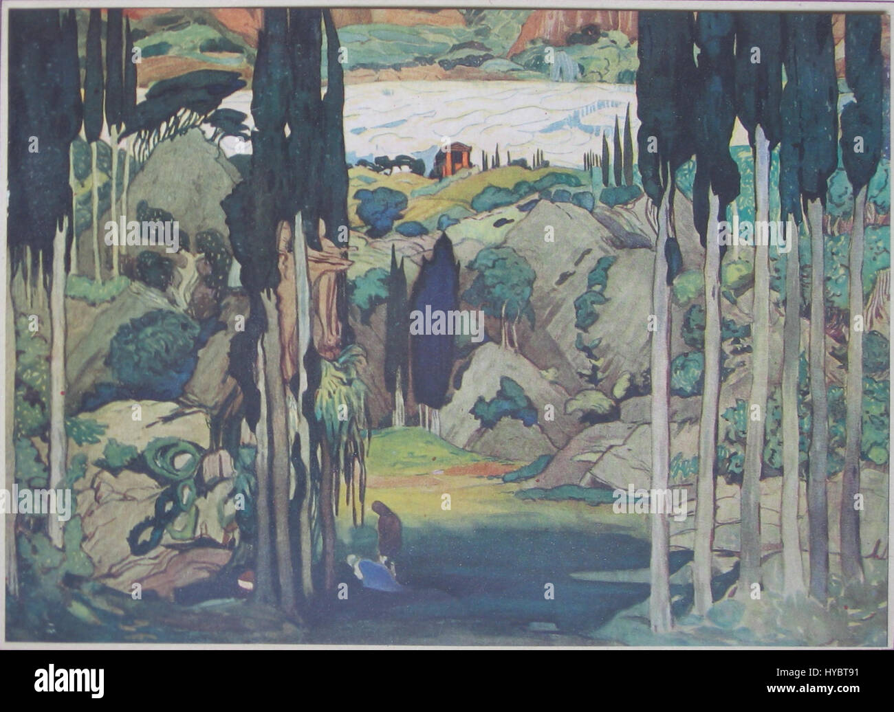 Decorazioni create dall'artista russo Léon Bakst per il balletto "Daphnis & Chloe", noto per i suoi disegni vivaci e ornati, che contribuiscono allo splendore visivo della produzione all'inizio del XX secolo. Foto Stock