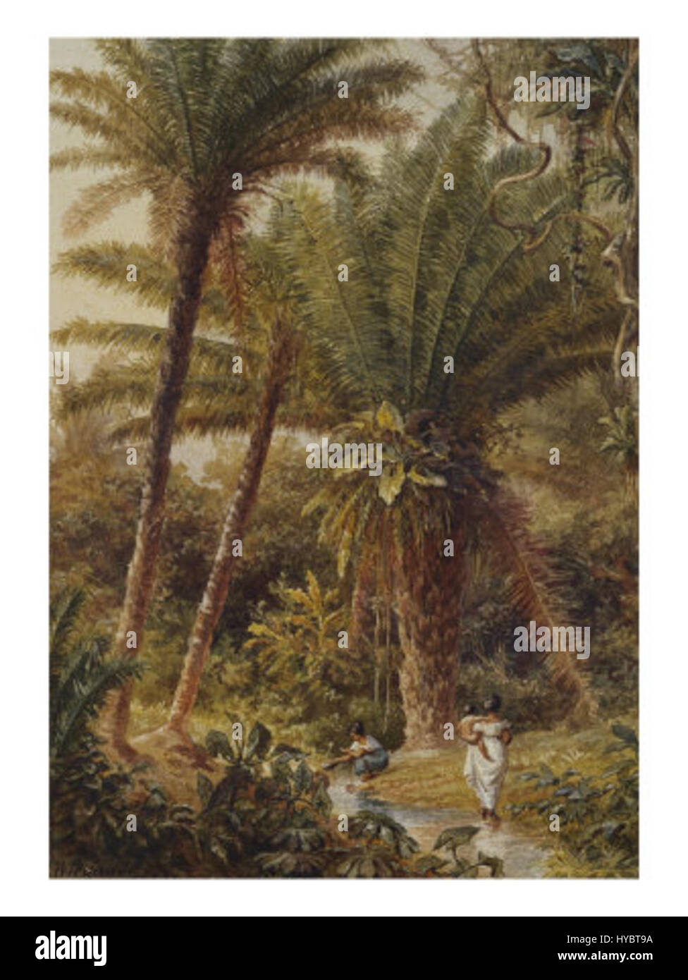 Un dipinto del 1879 di Bernhard Wiegandt raffigurante una donna vicino a una piscina, esemplificando realismo e composizione naturalistica del XIX secolo. Foto Stock