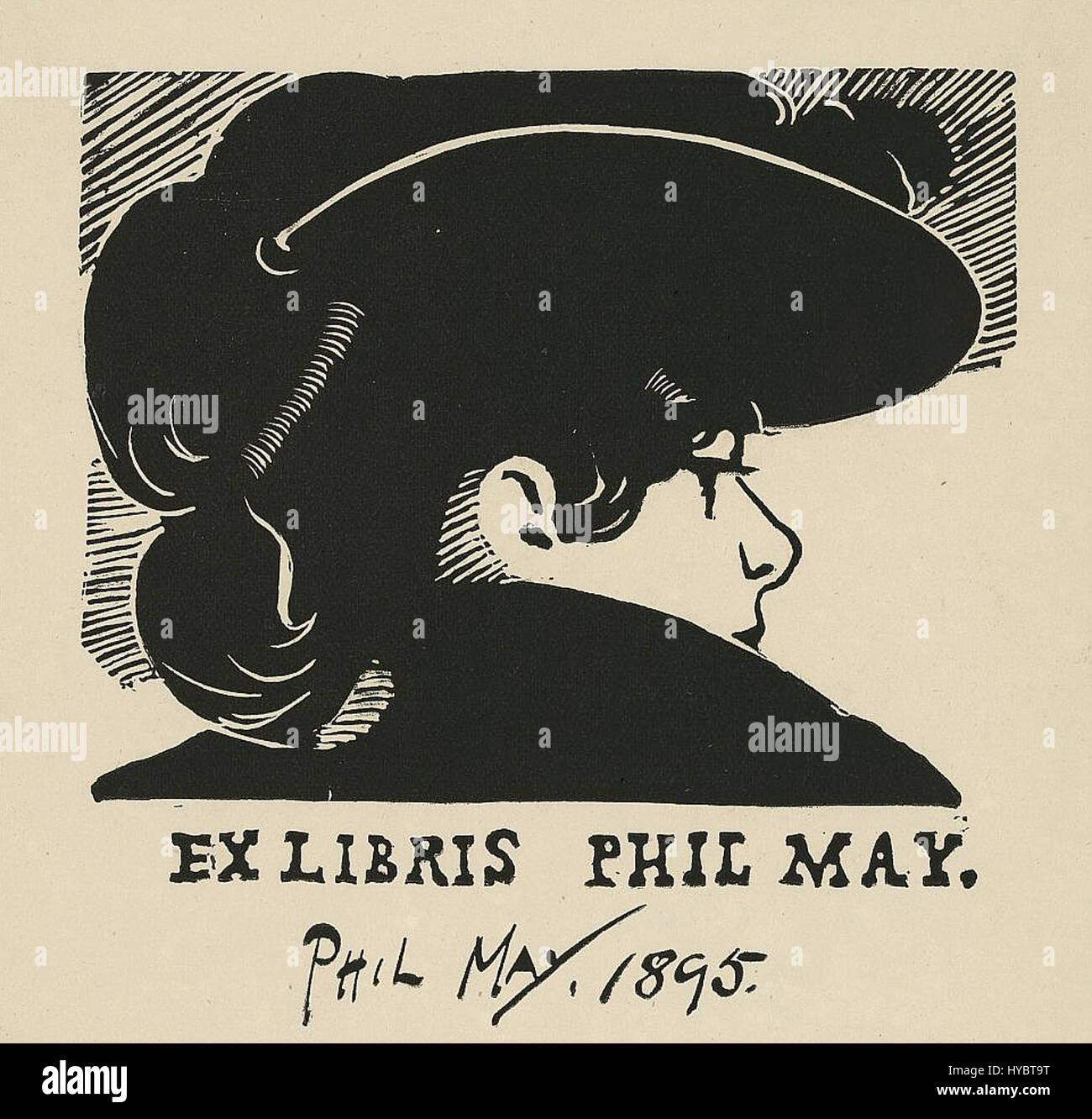 Bookplate of Phil May from 1895 è un progetto ex-libris personalizzato dall'artista britannico. Presenta disegni intricati che rappresentano la proprietà di libri, che mostrano lo stile artistico di May e le arti decorative della fine del XIX secolo. Foto Stock