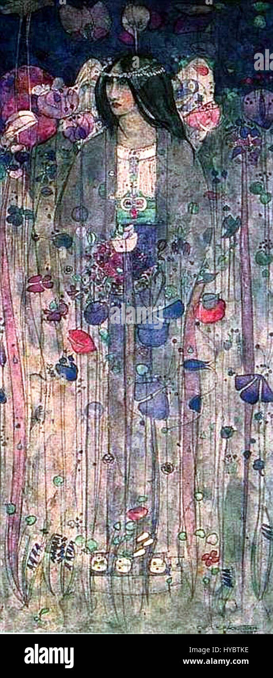 "In Fairyland" di Charles Rennie Mackintosh, creato nel 1897, mostra lo stile distintivo dell'artista che unisce l'Art Nouveau e gli elementi simbolici. Il pezzo combina immagini fantastiche con dettagli intricati, enfatizzando la natura e i temi mistici. Foto Stock