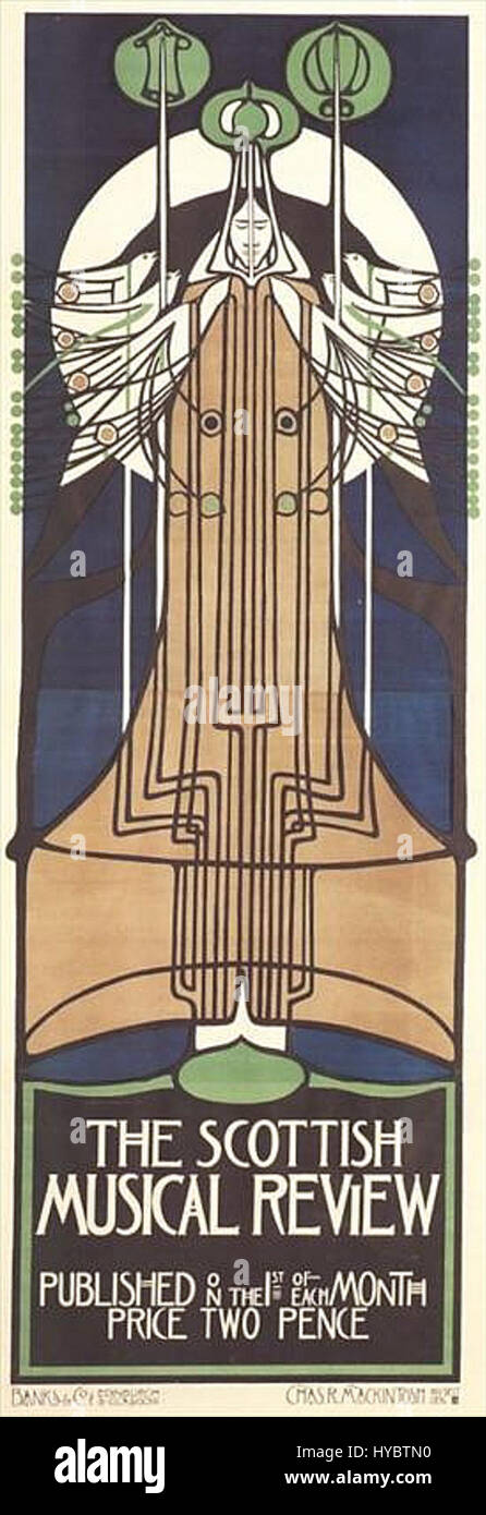 La Scottish Musical Review, pubblicata nel 1896, presenta il lavoro di Charles Rennie Mackintosh, una figura chiave del movimento Art Nouveau. Noto per il suo stile di design unico, i contributi di Mackintosh all'arte e all'architettura scozzesi sono evidenti nelle sue opere, mescolando forme geometriche e linee organiche, enfatizzando l'armonia tra natura e struttura. Foto Stock