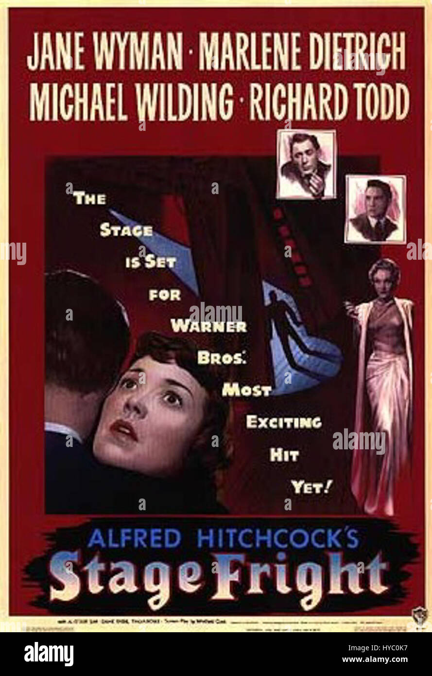 "Stage Fright" è un film thriller incentrato su una giovane donna che rimane intrappolata in una pericolosa trama che coinvolge una famosa attrice. Il film, ricco di suspense, esplora i temi dell'identità, dell'inganno e della paura mentre il protagonista naviga attraverso una rete di intrighi. Il film è notevole per la sua atmosfera tesa e la tensione psicologica, tipica del genere thriller. Foto Stock