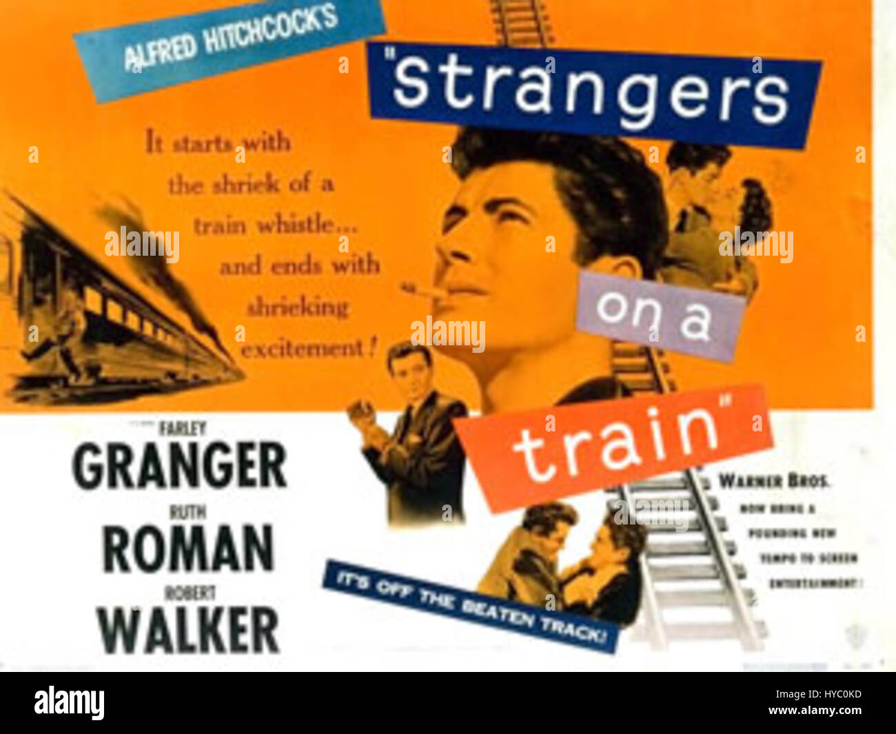 Strangers on a Train è un thriller psicologico del 1951 diretto da Alfred Hitchcock. Il film ruota intorno a due estranei che si incontrano e discutono di scambi di omicidi, portando a un gioco mortale di manipolazione psicologica e suspense. Foto Stock