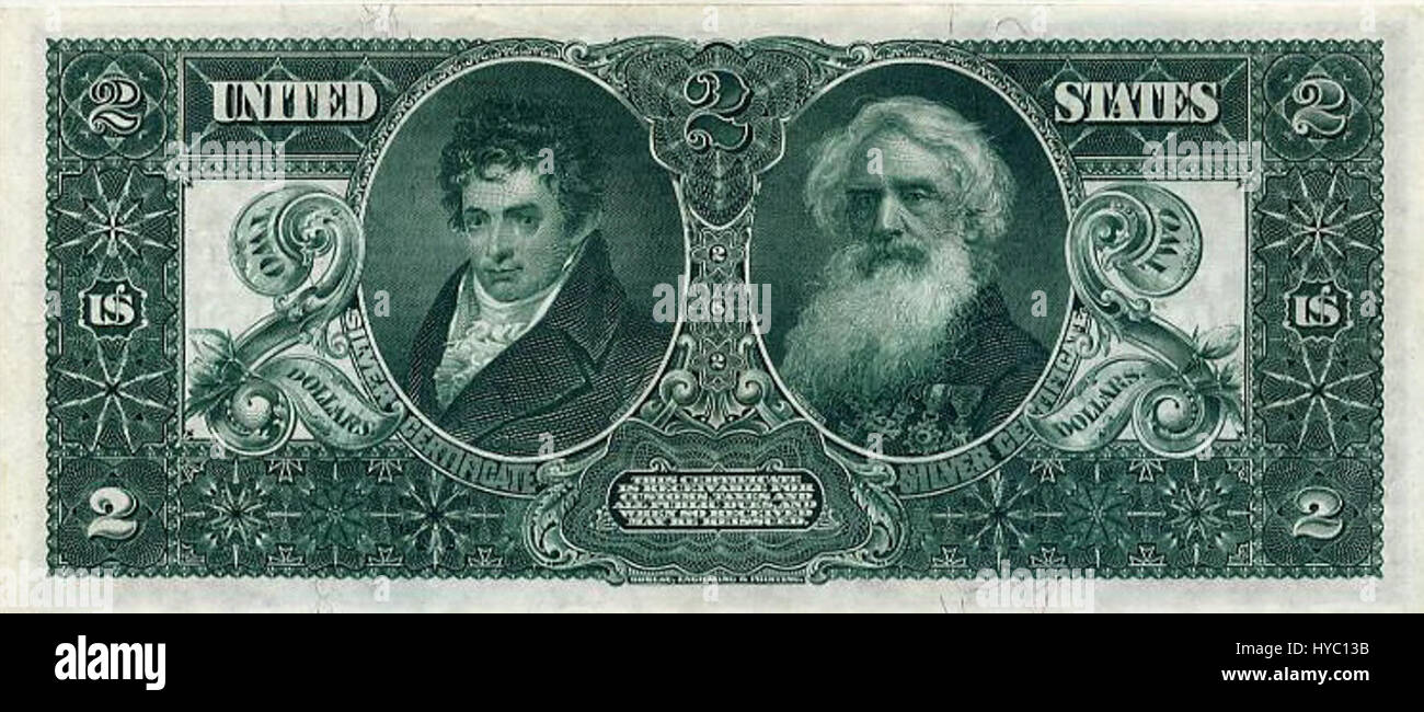 Il certificato Silver da 1896 $ 2, noto anche come "Educational Series", è una nota in valuta statunitense. Presenta rappresentazioni allegoriche della storia, con ritratti di Martha e George Washington e l'allegoria della storia al centro. Foto Stock