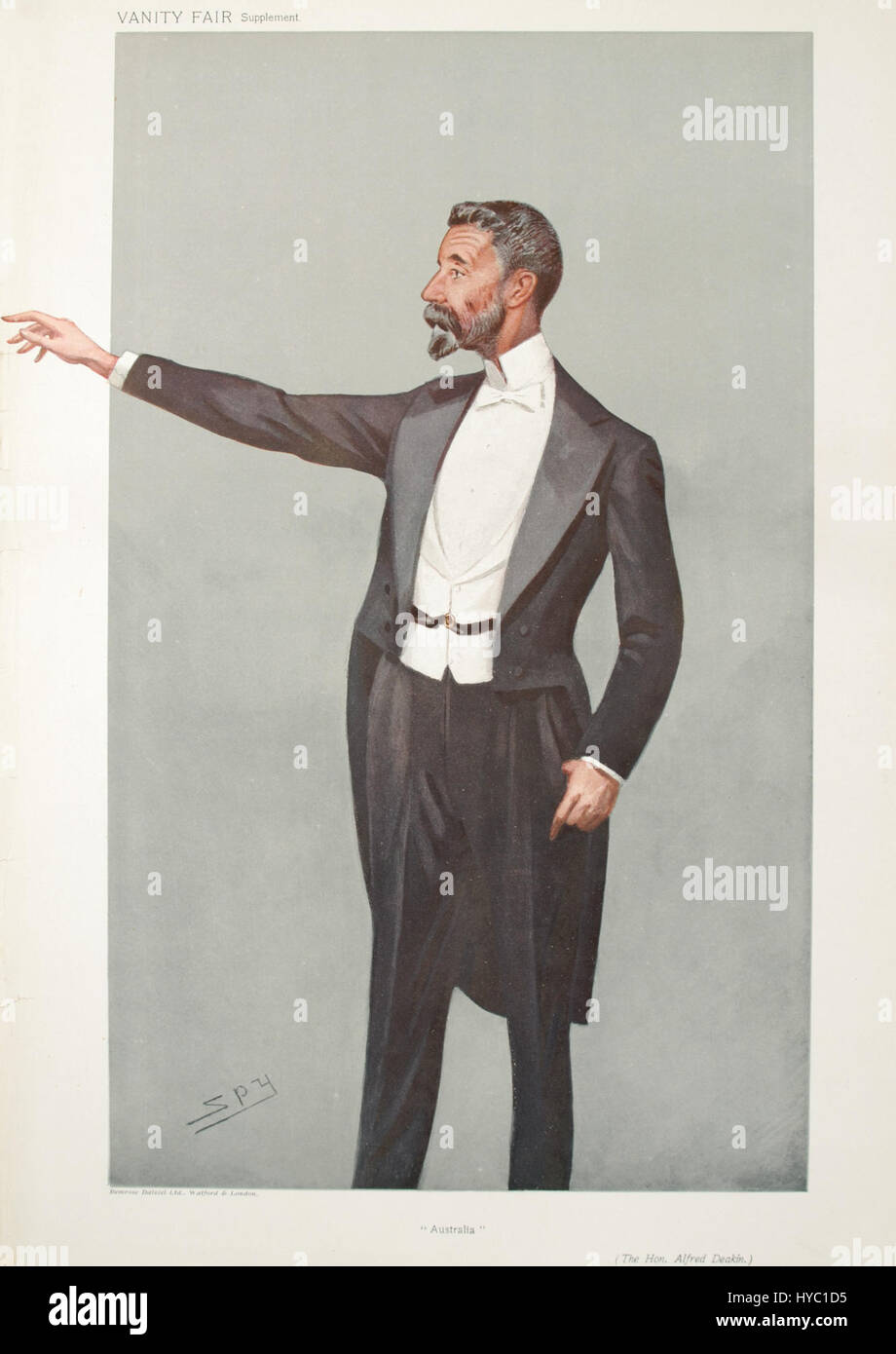 Alfred Deakin, un importante politico australiano, è raffigurato in una caricatura di Vanity Fair il 2 settembre 1908. L'immagine cattura umoristicamente la sua personalità politica e la sua influenza sociale durante l'inizio del XX secolo. Foto Stock