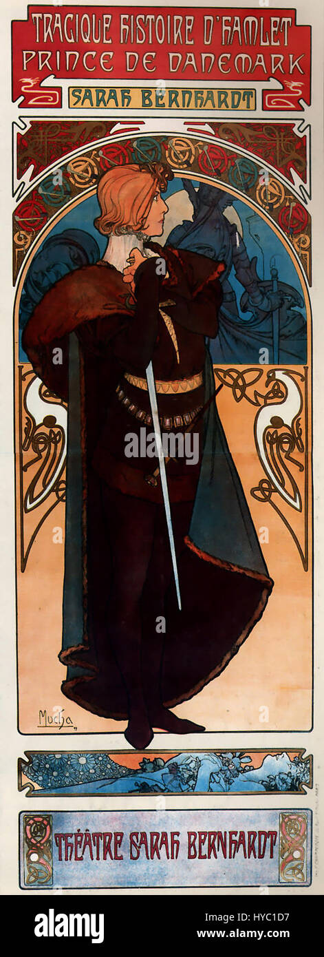 Nel 1899, Alfons Mucha creò un poster decorativo per l'Amleto di Shakespeare, un esempio fondamentale del suo stile Art Nouveau. Il pezzo mette in mostra le linee intricate e stilizzate e la vivace tavolozza di colori tipica delle opere di Mucha. Foto Stock