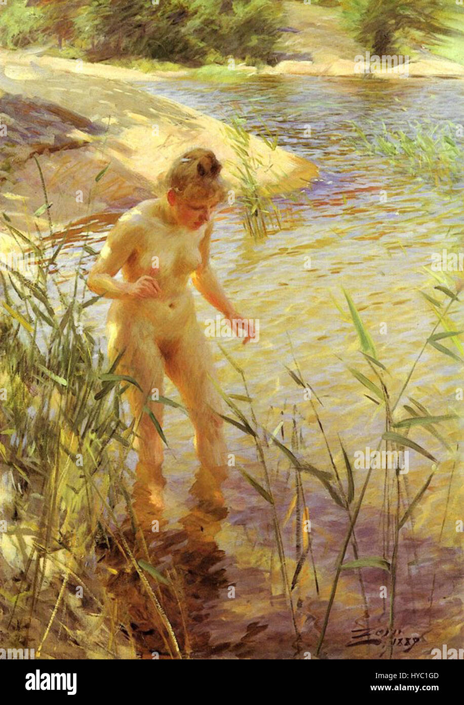 "Reflexer" di Anders Zorn è un dipinto che mostra la maestria dell'artista nel catturare luce e riflessi. Conosciuto per la sua abilità nella gestione della forma umana e dell'acqua, le opere di Zorn spesso presentano forti contrasti e riflessi vibranti. Foto Stock