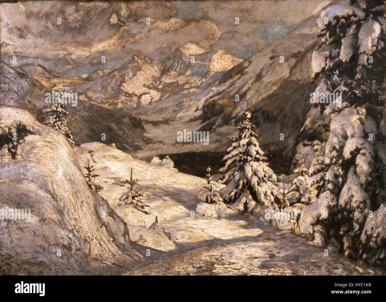 "In pieno inverno o Inverno in Engadina" di Filippo Carcano è un dipinto che mostra lo scenario invernale dell'Engadina, una valle delle Alpi svizzere. Il lavoro di Carcano cattura la bellezza serena del paesaggio innevato durante l'inverno. Foto Stock