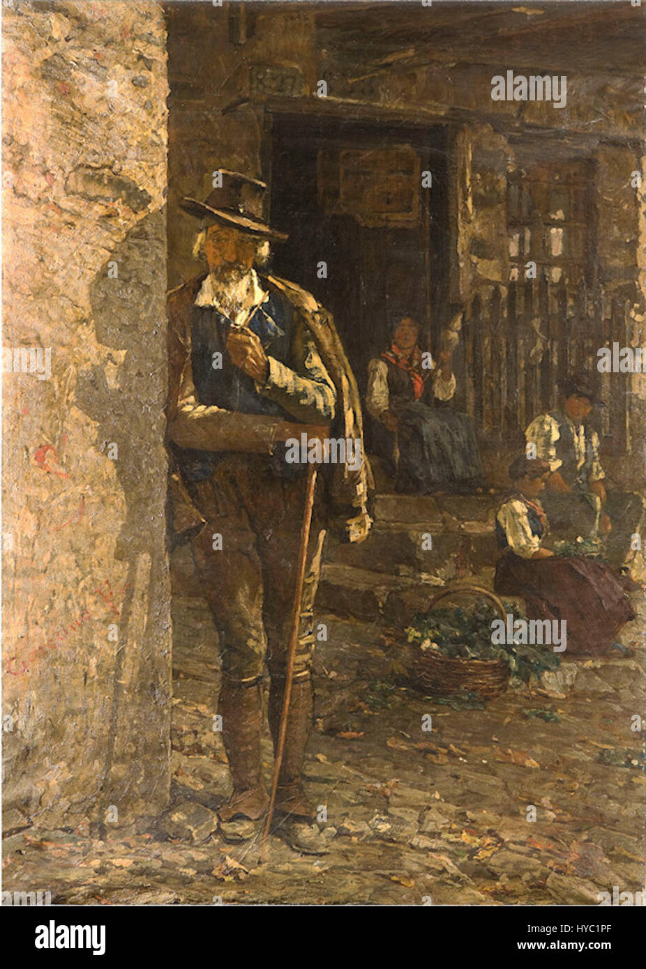 "Tipi di una famiglia di contadini nel Veneto o scena di vita montana" di Filippo Carcano raffigura una scena familiare rurale in Veneto, sottolineando la vita quotidiana in montagna. Il dipinto cattura la semplicità e le difficoltà della vita rurale in Italia. Foto Stock