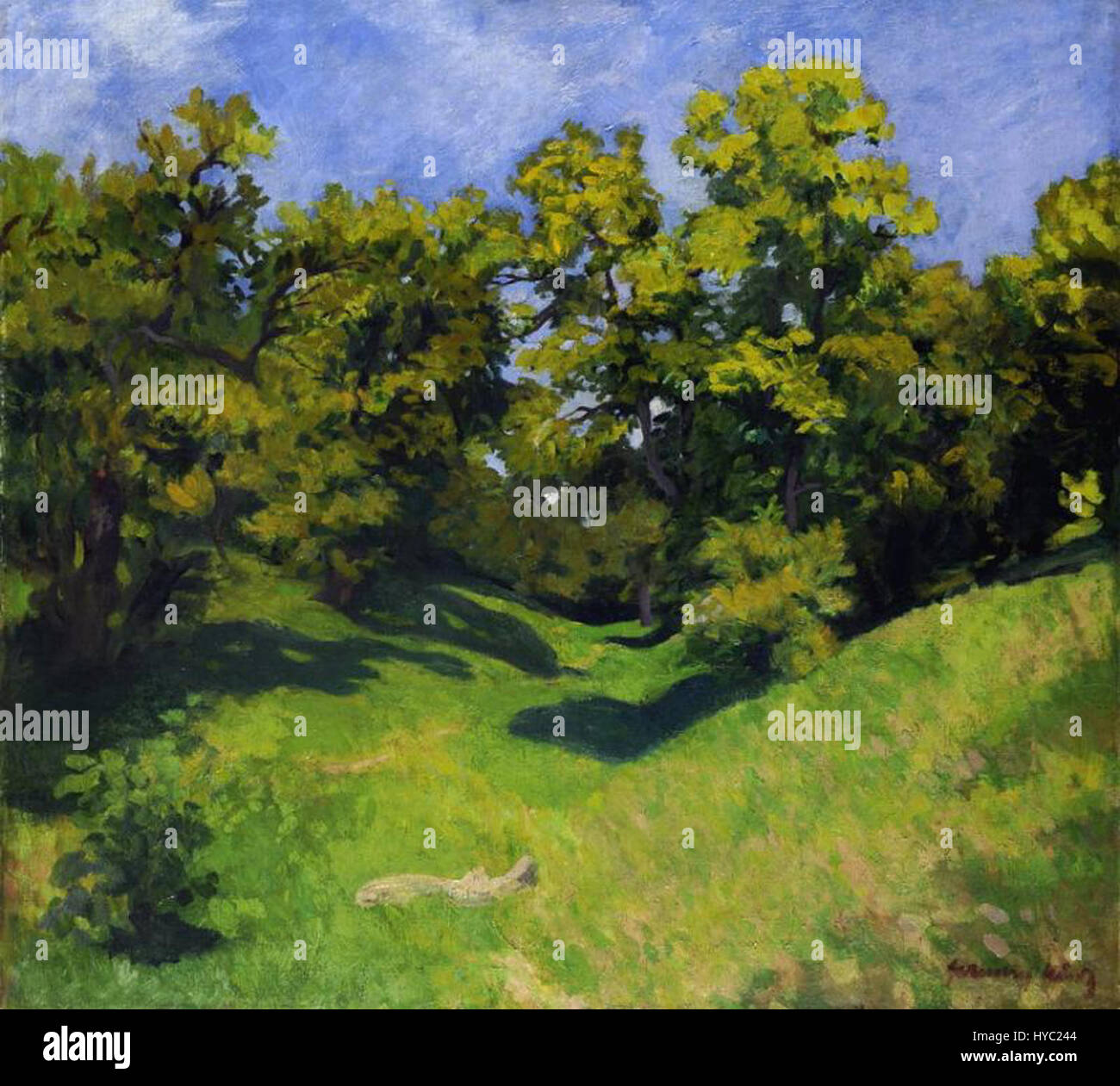 "The Edge of the Grove" dell'artista ungherese Ferenczy cattura un paesaggio sereno, riflettendo la maestria dell'artista nel ritrarre la natura e la sua bellezza tranquilla. Il dipinto, creato intorno al 1907, è noto per il suo stile naturalistico e i colori vivaci. Foto Stock