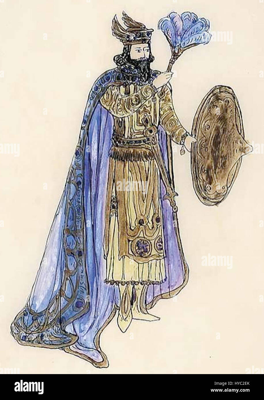 Il costume *Comus* 1910 presenta uno splendido mantello viola, indicativo del design teatrale dei primi anni del XX secolo. Questa rappresentazione artistica cattura gli intricati dettagli del costume e il suo ruolo nel famoso masque, *Comus*, di John Milton. Foto Stock