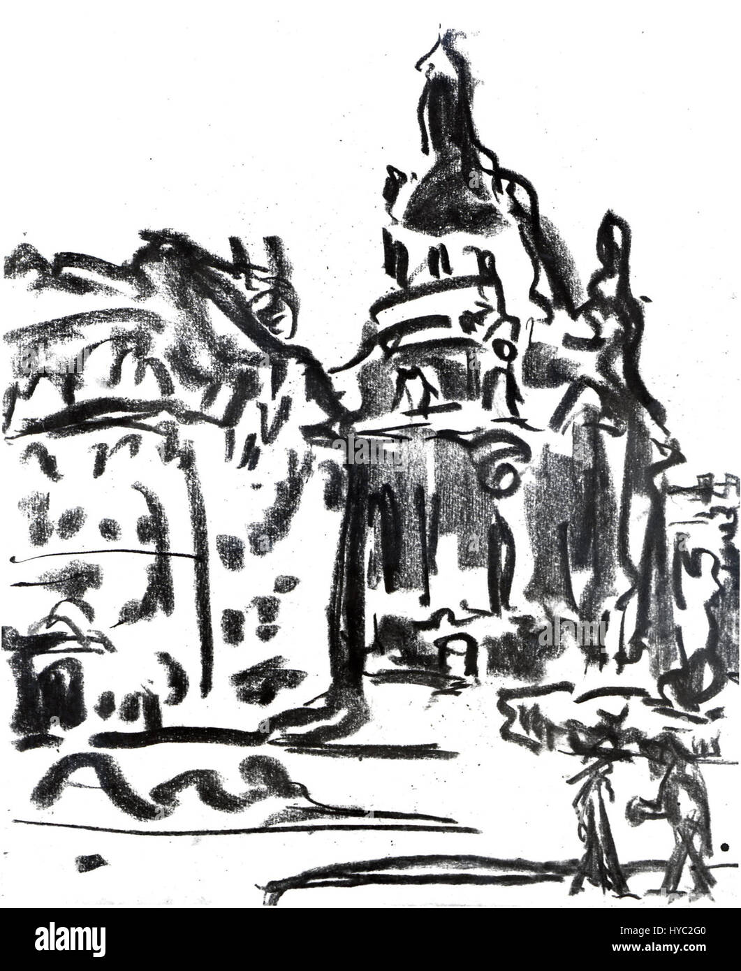 La "Frauenkirche 1908" di Ernst Ludwig Kirchner cattura la grandezza architettonica della chiesa Frauenkirche di Dresda. Il dipinto riflette lo stile espressionista di Kirchner, con colori audaci e linee drammatiche che enfatizzano la presenza iconica della chiesa nel paesaggio urbano. Foto Stock