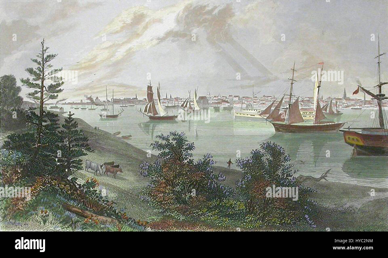 Una vista storica di Detroit dalla Canada Shore, che mostra il paesaggio industriale e le caratteristiche urbane della città dall'altra parte del fiume Detroit. Il dipinto cattura lo sviluppo e la crescita di Detroit. Foto Stock