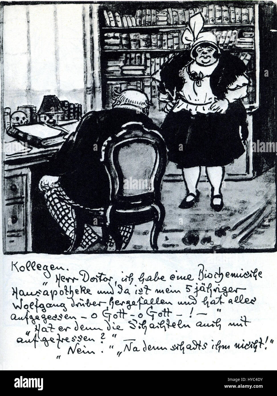 "Beim Doktor" di Heinrich Zille è un'illustrazione che raffigura una scena in uno studio medico. Zille, noto per le sue dettagliate raffigurazioni della vita quotidiana a Berlino, cattura le dinamiche sociali e l'umorismo di una visita al medico, spesso usando la satira e l'umorismo osservazionale per riflettere le lotte della gente comune alla fine del XIX secolo. Foto Stock