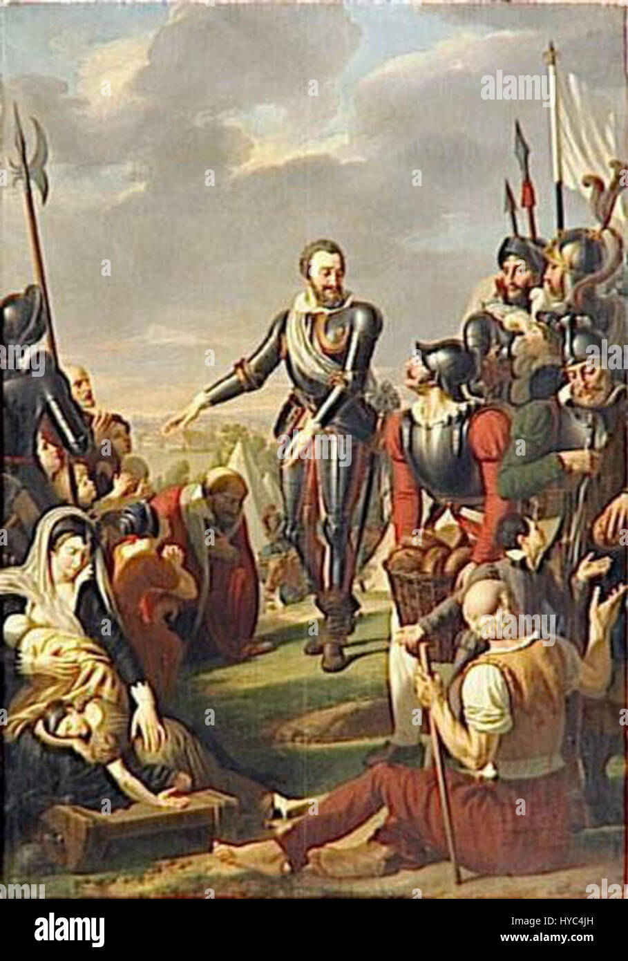 L'incisione di Jean Charles Tardieu ritrae la scena di re Enrico IV prima di Parigi nell'agosto 1590. L'opera cattura un momento storico durante le guerre di religione francesi, mostrando la posizione determinata del re e l'atmosfera drammatica del periodo. Foto Stock