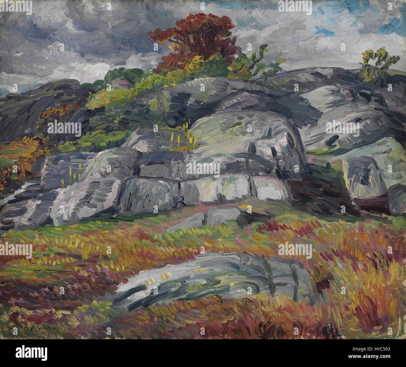 "Sceenger's Rocks" di John Sloan ritrae un paesaggio urbano, focalizzandosi su un ritratto dettagliato delle rocce all'interno dell'ambiente cittadino. Il lavoro riflette l'interesse di Sloan per la vita urbana e il suo approccio realista alle scene americane. Foto Stock