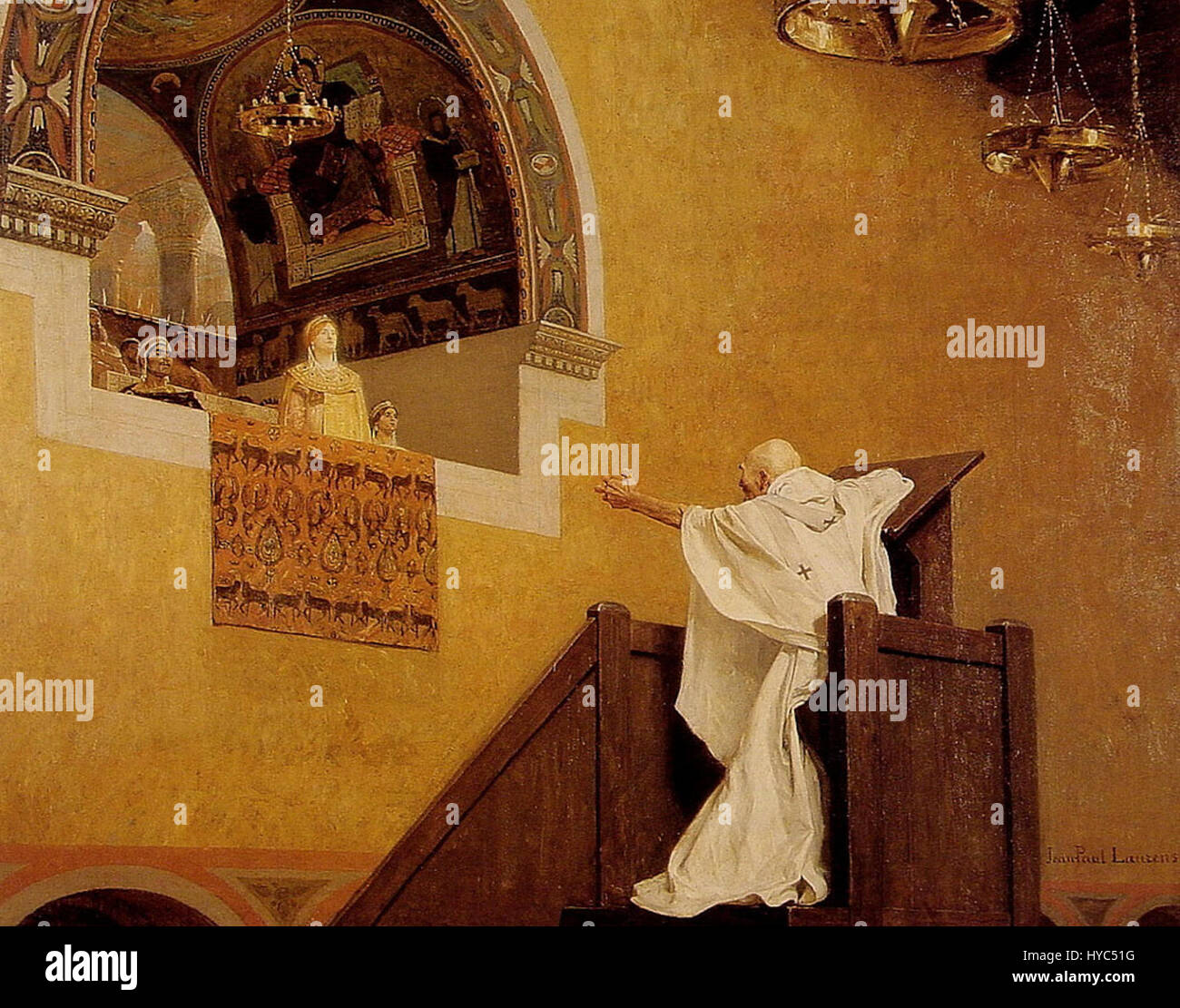 Questa raffigurazione di Giovanni Crisostomo, importante vescovo e predicatore cristiano, insieme ad Elia Eudoxia, l'imperatrice, cattura un momento chiave della storia cristiana. Le opere d'arte evidenziano il conflitto storico tra di loro, riflettendo temi del potere religioso, della politica e della chiesa paleocristiana. Foto Stock