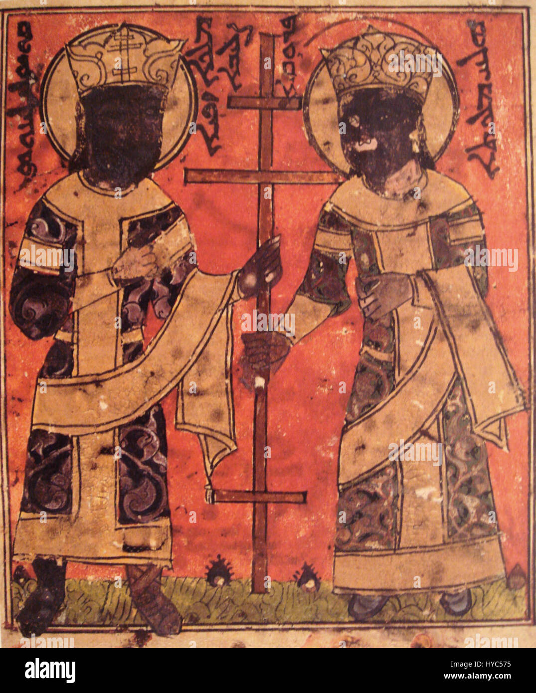 Questa illustrazione della Bibbia siriaca raffigura Hulagu Khan e sua moglie Doquz Qatun. Hulagu, un leader mongolo, giocò un ruolo significativo nella conquista del Medio Oriente, mentre Doquz Qatun era nota per la sua influenza politica. Foto Stock