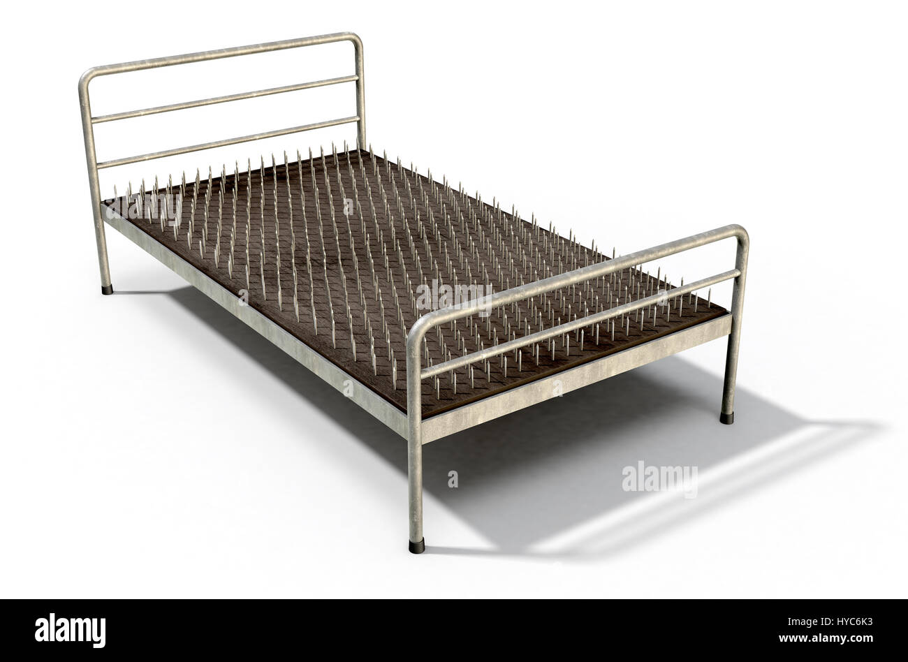 Una metafora che mostra un valore letterale letto di chiodi con un telaio metallico isolato su un bianco di sfondo per studio - 3D Render Foto Stock