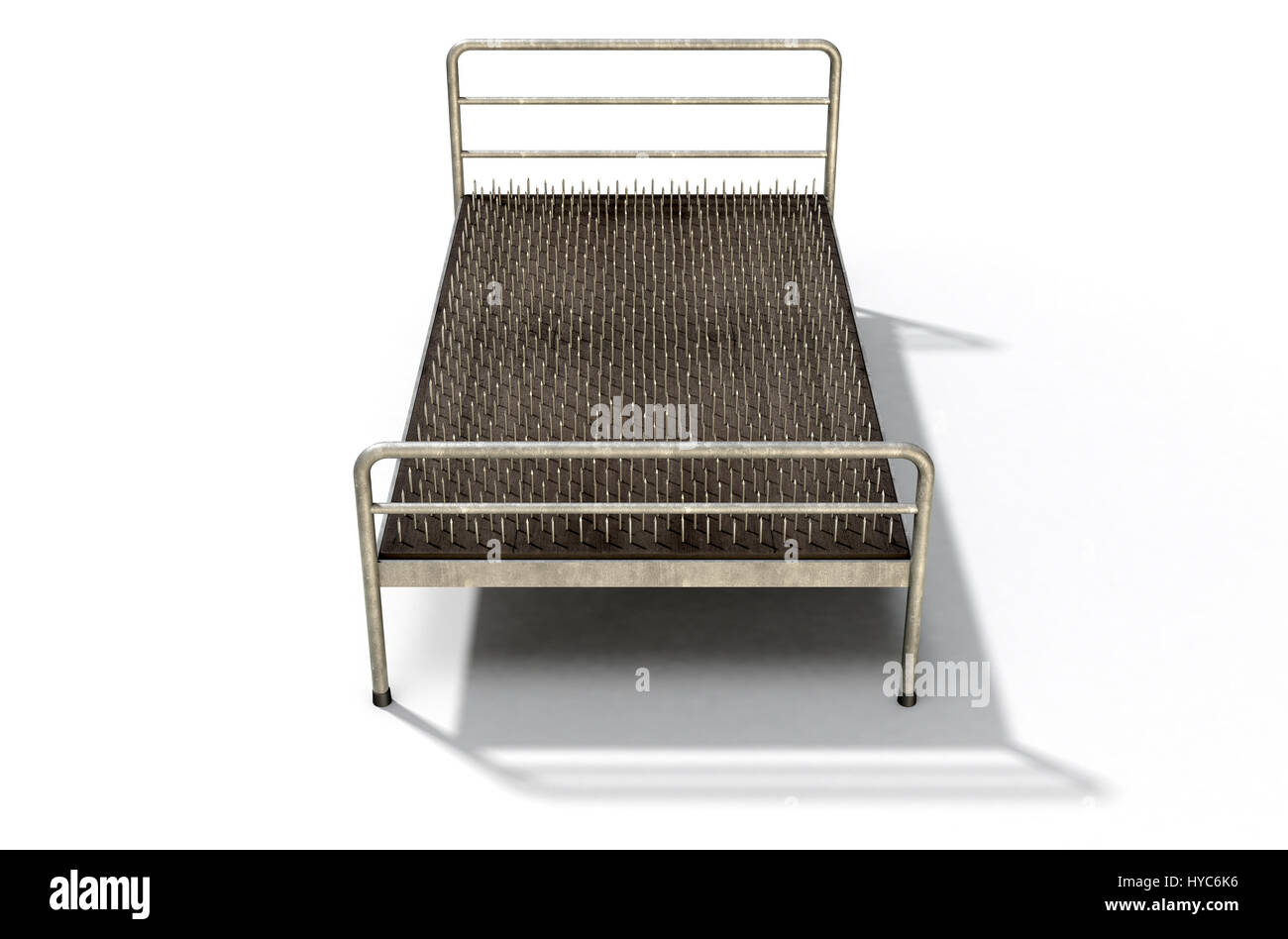 Una metafora che mostra un valore letterale letto di chiodi con un telaio metallico isolato su un bianco di sfondo per studio - 3D Render Foto Stock