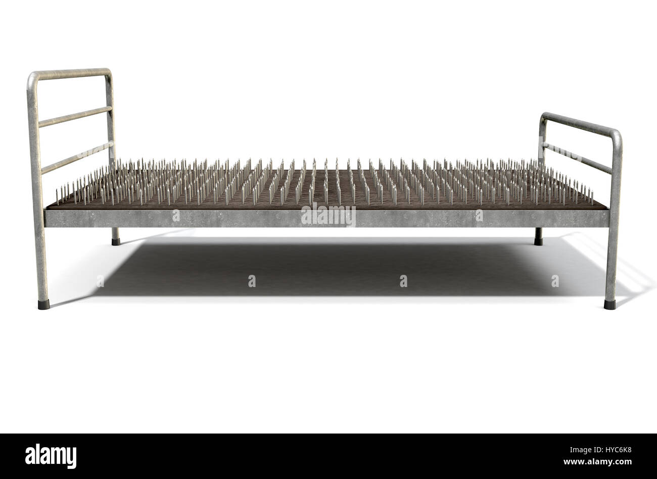 Una metafora che mostra un valore letterale letto di chiodi con un telaio metallico isolato su un bianco di sfondo per studio - 3D Render Foto Stock