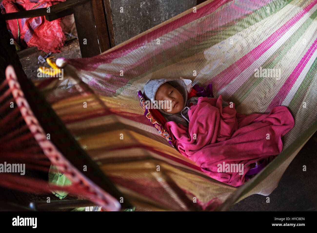 Bambino che dorme sull'amaca, Phnom Penh Cambogia Foto Stock