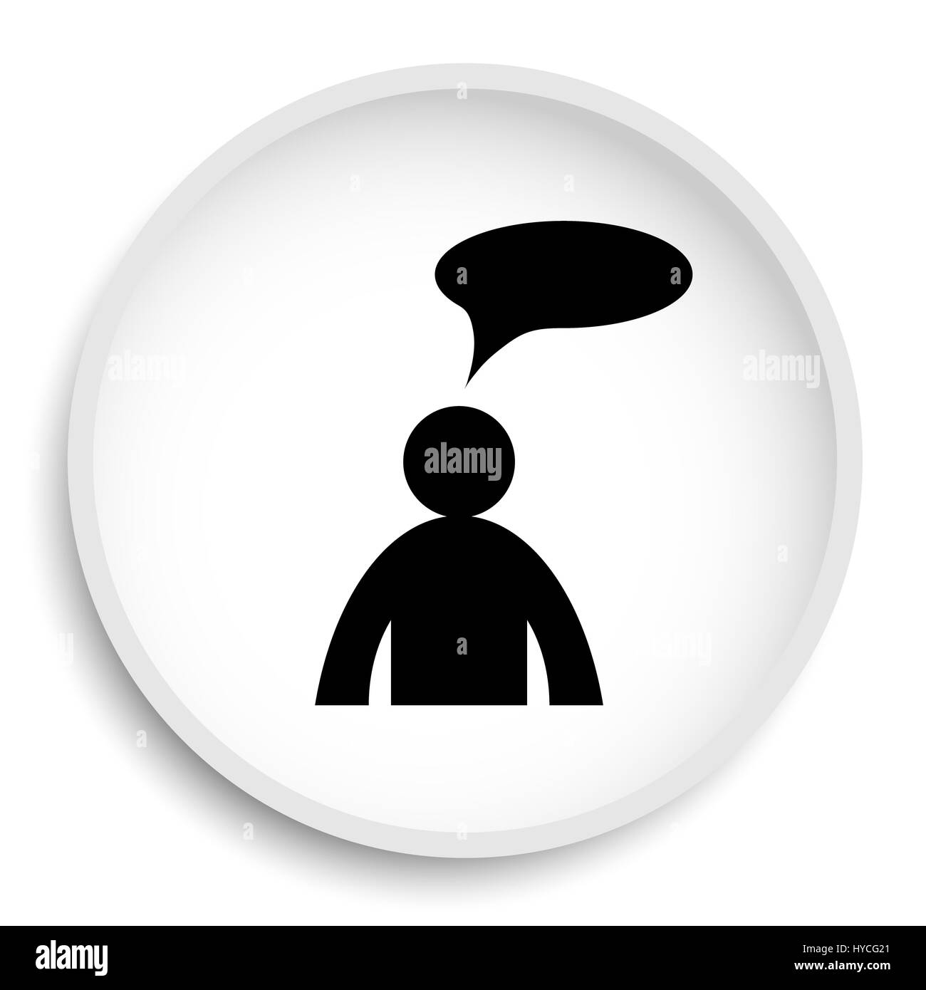 Commenti - uomo con l'icona a forma di fumetto. Commenti - uomo con bolla pulsante sito web su sfondo bianco. Foto Stock