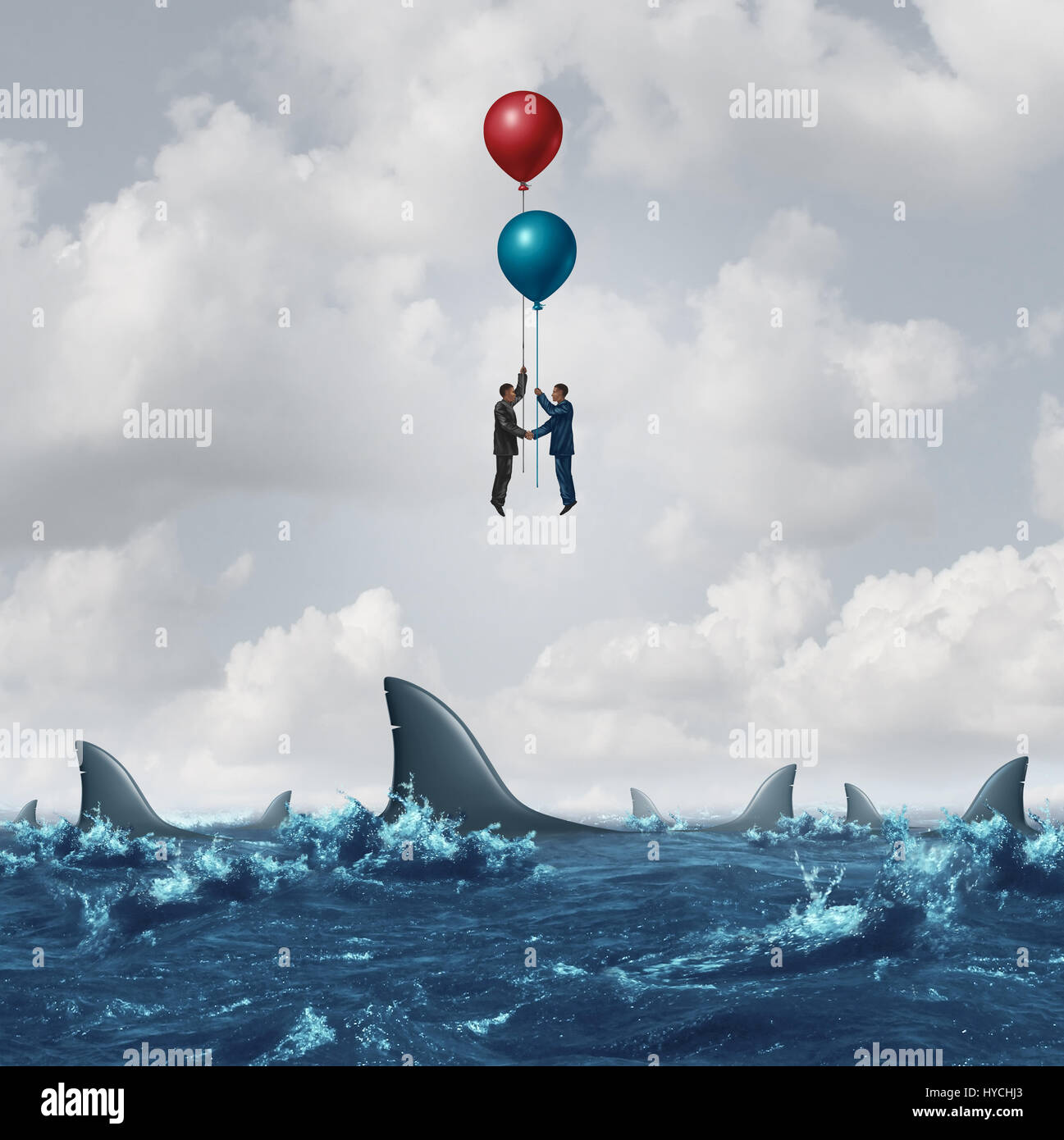 Incontro di lavoro rischio come due imprenditori a superare il pericoloso squali in acqua utilizzando palloncini a salire al di sopra dell'ostacolo. Foto Stock