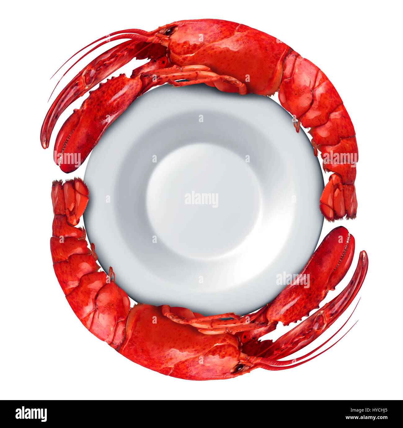 Piatto a base di aragosta con le Aragoste sagomato a cerchio attorno ad una piastra vuota isolata su uno sfondo bianco come piatti a base di frutti di mare freschi o crostacei cibo. Foto Stock