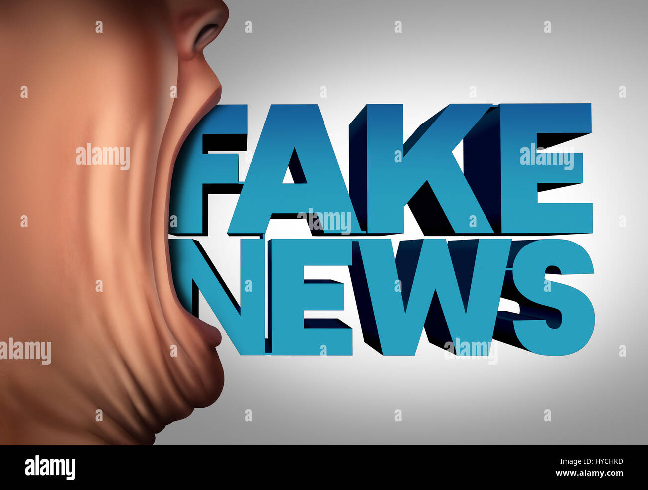 Fake news concetto di comunicazione e hoax segnalazione giornalistica come una persona con il testo proveniente da una bocca aperta come falsa media. Foto Stock