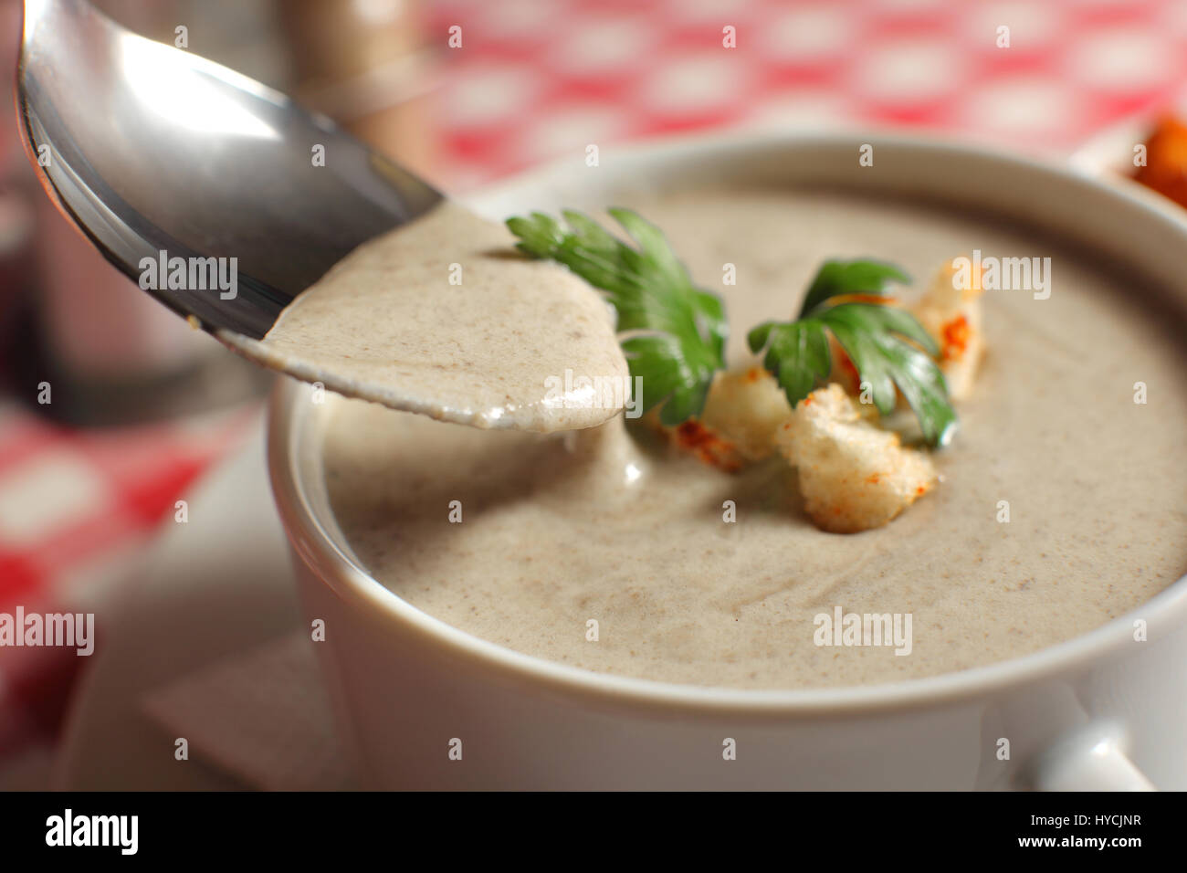 Ciotola Di Zuppa Di Crema Con Funghi Champignon Sul Tavolo Foto Stock Alamy
