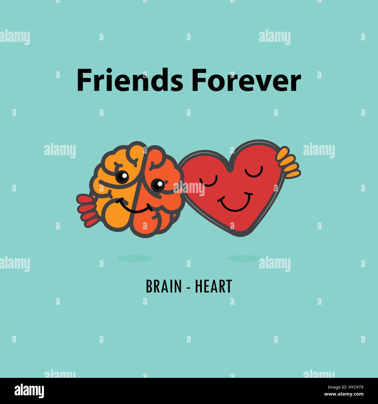 Icona del cervello e cuore vector logo design template.Cuore e cervello personaggio dei fumetti con amici per sempre concetto.illustrazione vettoriale. Illustrazione Vettoriale