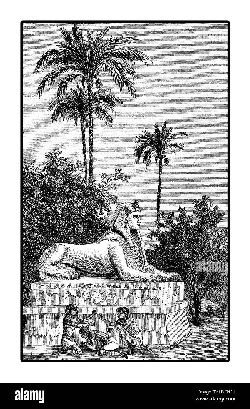 Vintage incisione di costumi di vita in Egitto antichità, ragazzi che giocano a morra vicino a Sphynx Foto Stock
