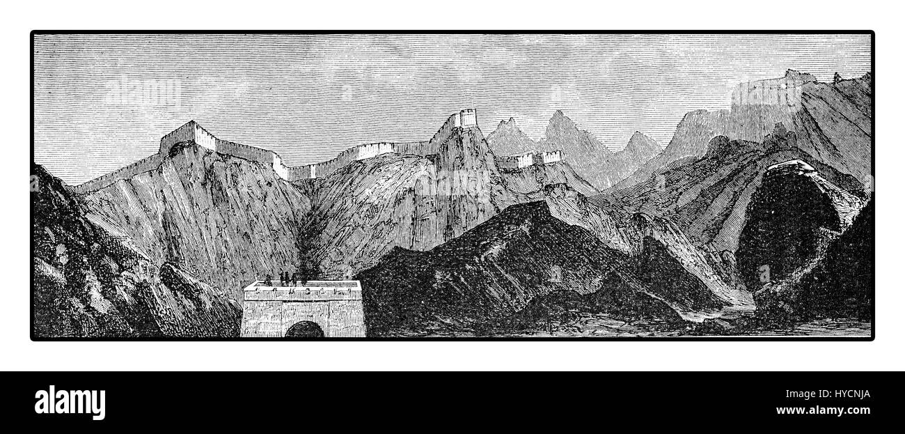 Incisione Vintage della Grande Muraglia della Cina con le sue magnifiche fortificazioni realizzate in pietra e mattoni, costruita attraverso la storica i confini del nord della Cina per proteggere l'impero dalle invasioni dei nomadi Foto Stock