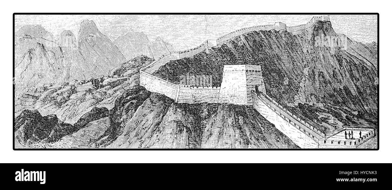 Incisione Vintage della Grande Muraglia della Cina con le sue magnifiche fortificazioni realizzate in pietra e mattoni, costruita attraverso la storica i confini del nord della Cina per proteggere l'impero dalle invasioni dei nomadi Foto Stock