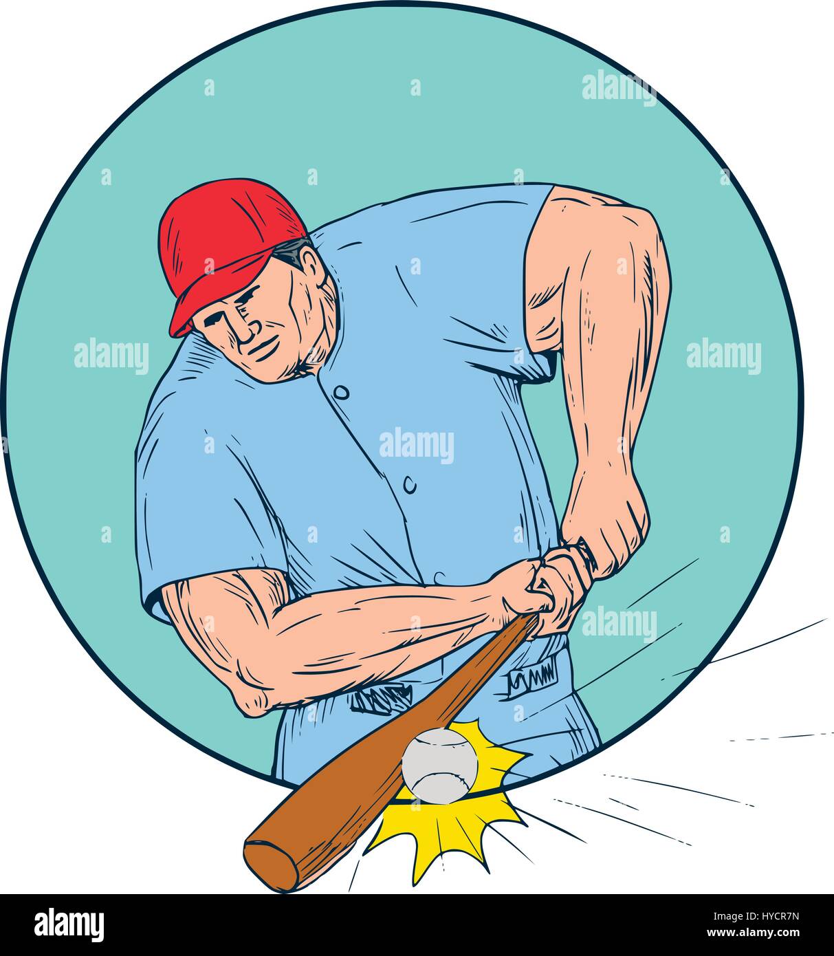 Disegno stile sketch illustrazione di un american giocatore di baseball della pastella hitter di colpire un homerun visto dal lato anteriore impostato all'interno del cerchio. Illustrazione Vettoriale
