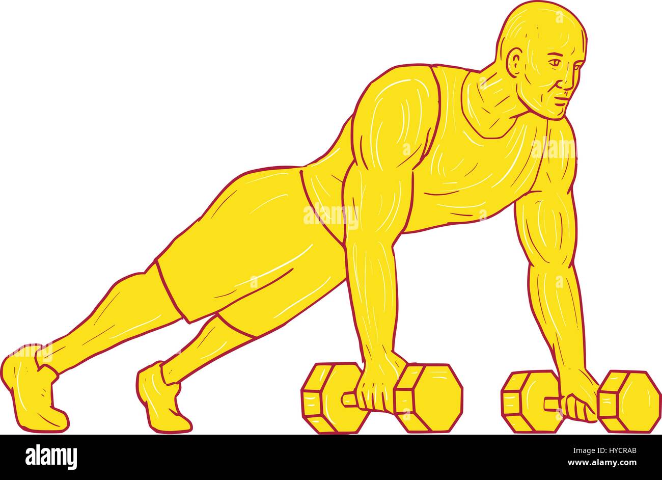 Schizzo di disegno illustrazione dello stile di un atleta che lavora fuori facendo push up con due mani dumbbell set isolato su sfondo bianco. Illustrazione Vettoriale