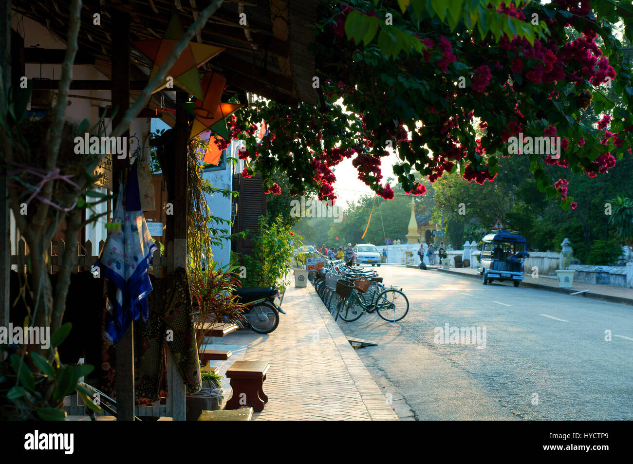 Shop rivolto verso il Wat Sen, Luang Prabang Foto Stock
