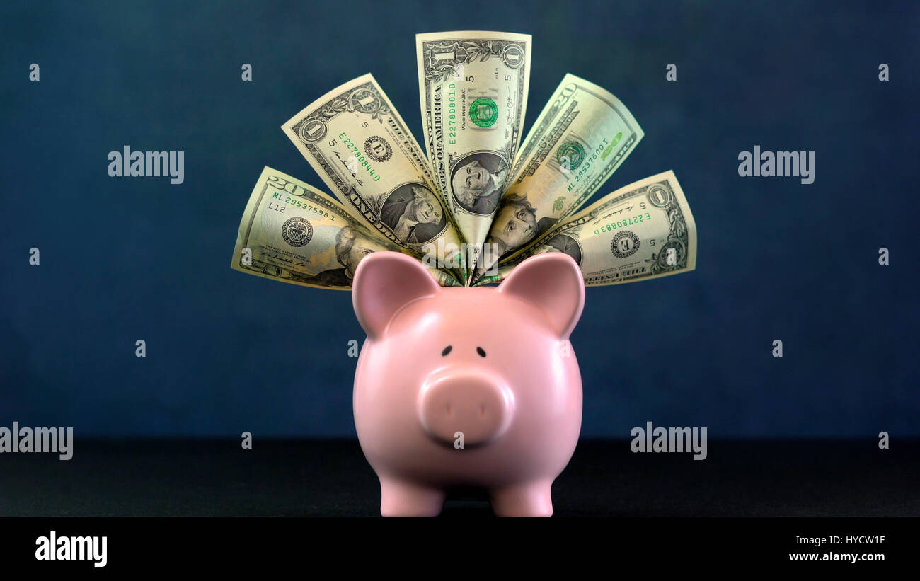 Rosa salvadanaio concetto di denaro su sfondo blu scuro, farcite con usa contanti. Foto Stock